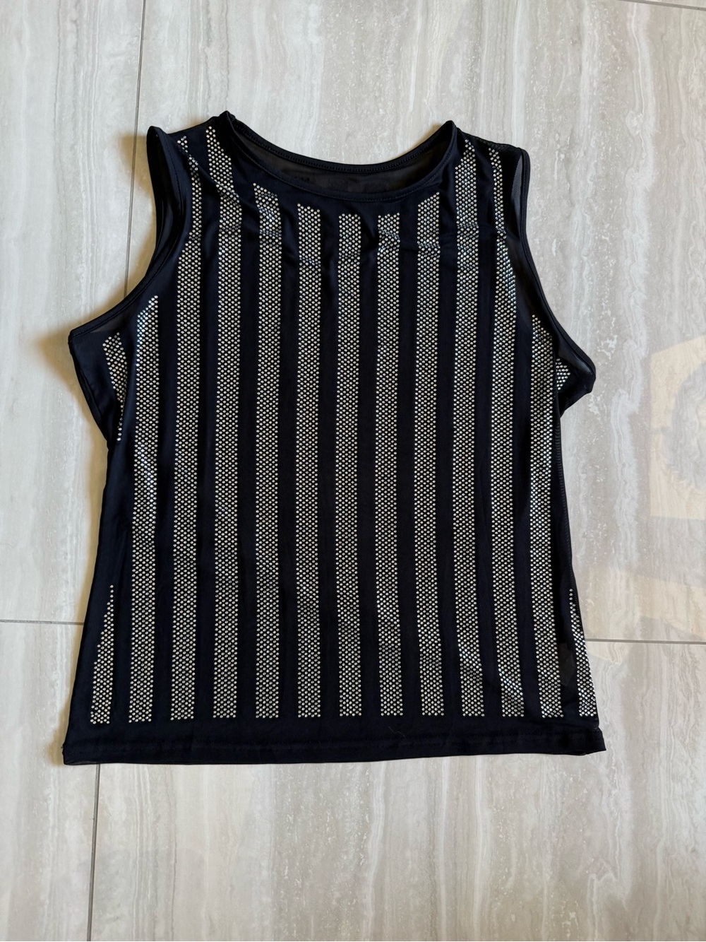 Black  silver rhinestones Tank Top with Vertical Mesh Stripes XL sheer stretch
